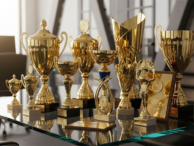 elegant 3D metallic financial trophies
